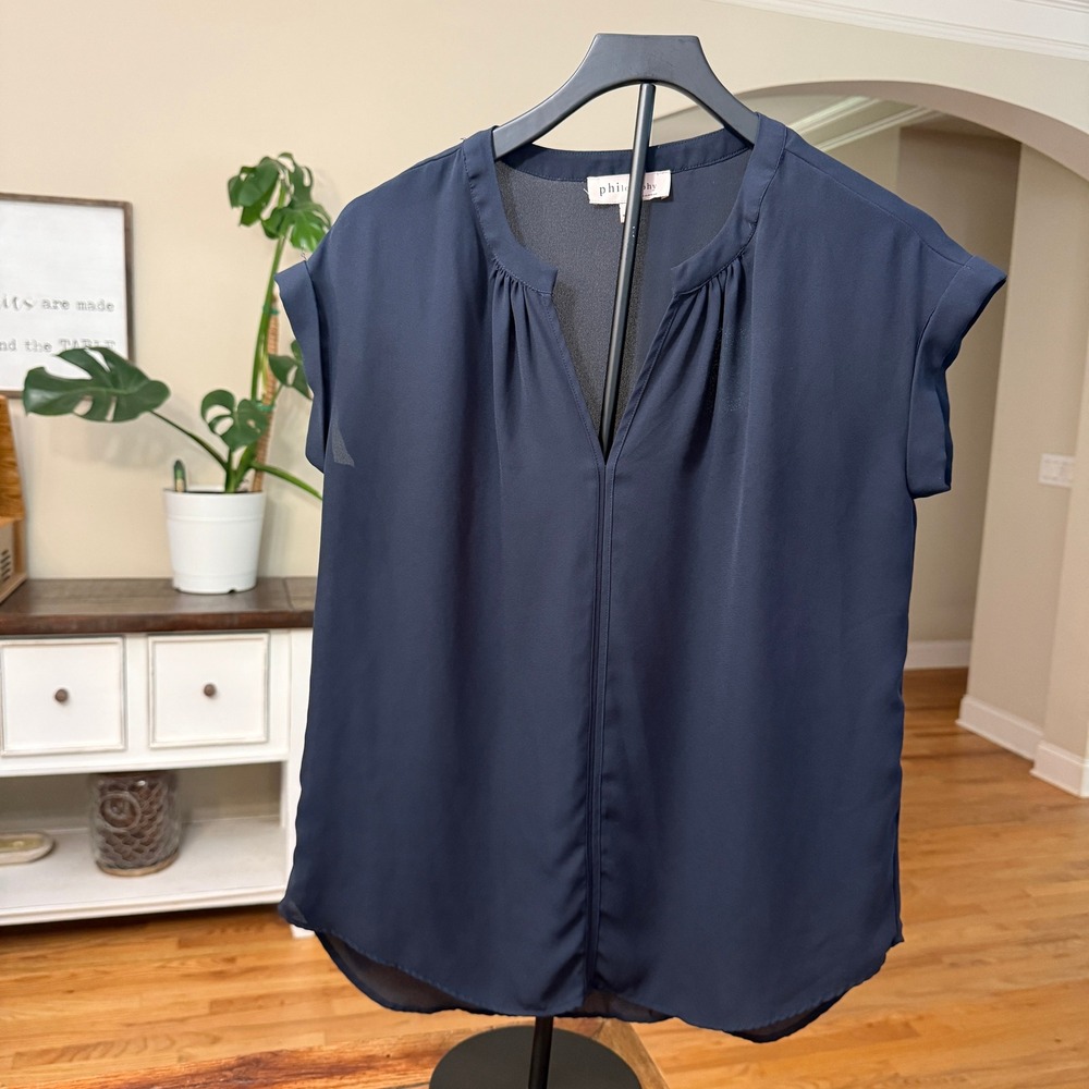 Philosophy Republic Clothing Navy Blue Split Neck Pleated Blouse Small RN93178